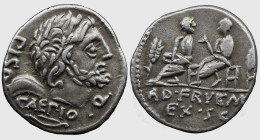 Roman Republic L. Calpurnius Piso Caesoninus and Q. Servilius Caepio. 100 BC. AR Denarius , 3.89 g. Rome mint. Laureate head of Saturn right; uncertai...
