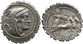 Roman Republic L. Procilius. 80 BC. AR Serrate Denarius 4,04 g. Head of Juno Sospita right, wearing goat's skin; S. C behind / Juno Sospita, holding s...