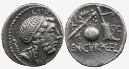 Roman Republic Cn. Cornelius P. f. Lentulus Marcellinus, Quaestor. 76-75 BC. AR Denarius , 3,27 g. Diademed and draped bust of Genius Populi Romani ri...