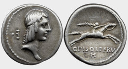 Roman Republic C. Piso L.f. Frugi. 61 BC. AR Denarius , 3.66 g. Rome mint. Head of Apollo left, hair bound with taenia; crescent behind / Horseman gal...
