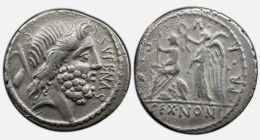 Roman Republic M. Nonius Sufenas. 57 BC. AR Denarius 3.96 g. Head of Saturn right; S. C, harpa, and conical stone behind, SVFENAS before / Roma seated...