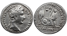 Roman Imperial Augustus. 27 BC-AD 14. AR Denarius , 3.70 g. Lugdunum (Lyon) mint. Struck 2 BC-AD 12. Laureate head right / Caius and Lucius Caesars st...