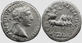 Roman Imperial Augustus. 27 BC-AD 14. AR Denarius , 3,62 g. Lugdunum (Lyon) mint. Struck AD 13-14. [CAES]AR AVGVSTVS DIVI F PATER PA[TRIAE], laureate ...