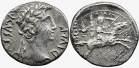 Roman Imperial Augustus. 27 BC-AD 14. AR Denarius , 3.51 g. Lugdunum (Lyon) mint. Struck 8 BC. Laureate head right / Caius Caesar on horseback gallopi...