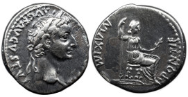 Roman Imperial Tiberius. AD 14-37. AR Denarius , 3.51 g. Tribute Penny" type. Lugdunum (Lyon) mint , TI CΛESΛR DIVI ΛVG F ΛVGVSTVS, laureate head righ...