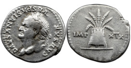 Roman Imperial Vespasian. AD 69-79. AR Denarius , 3,30 g. Rome mint. Struck July AD 77-December 78. Laureate head left / Modius with seven ears of gra...