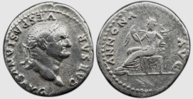 Roman Imperial Vespasian. AD 69-79. AR Denarius , 3.21 g. Rome mint. Struck AD 78-79. Laureate head right / Annona seated left holding grain ears. RIC...