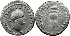 Roman Imperial Titus. AD 79-81. AR Denarius , 3.21 g. Rome mint. Struck 1 January-30 June AD 80. Laureate head right / Filleted tripod surmounted by d...