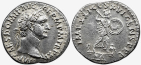 Roman Imperial Domitian. AD 81-96. AR Denarius , 3.22 g. Rome mint. Struck AD 93-94. Laureate head right / Minerva standing right on capital of rostra...