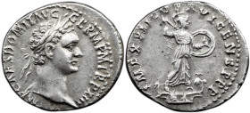 Roman Imperial Domitian. AD 81-96. AR Denarius , 3.20 g. Rome mint. Struck AD 93-94. Laureate head right / Minerva standing right on capital of rostra...