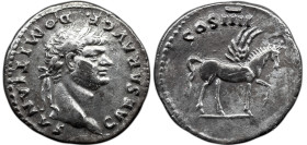 Roman Imperial DOMITIAN, as Caesar. 69-81 AD. AR Denarius , 3.22 g. Struck 76 AD. CAESAR AVG F DOMITIANVS, laureate head right / COS IIII, Pegasus sta...
