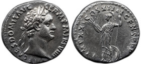Roman Imperial Domitian. AD 81-96. AR Denarius , 3.31 g. Rome mint. Struck AD 89. Laureate head right / Minerva standing left, holding thunderbolt and...