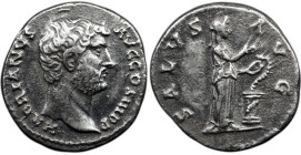 Roman Imperial Hadrian. AD 117-138. AR Denarius , 2,90 g. Rome mint. Struck AD 133-circa 135. Laureate head right / Salus standing right, feeding out ...