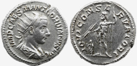Roman Imperial Gordian III. AD 238-244. AR Antoninianus , 5,00 g. Rome mint, 2nd officina. 1st emission, June-end December AD 238. Radiate, draped, an...