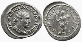 Roman Imperial Philip I. AD 244-249. AR Antoninianus , 4,40 g. Rome mint, 1st officina. 5th emission, AD 246. Radiate, draped, and cuirassed bust righ...