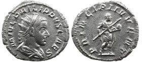 Roman Imperial Philip II, as Caesar AD 244-246. Rome , Antoninianus AR , 3,51 g M IVL PHILIPPVS CAES, radiate, draped and cuirassed bust right / PRINC...