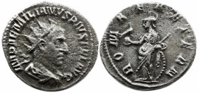 Roman Imperial Aemilian. AD 253. AR Antoninianus , 3,61 g. Rome mint. Radiate, draped, and cuirassed bust right / ROMAE AETERN, Roma standing left, ho...