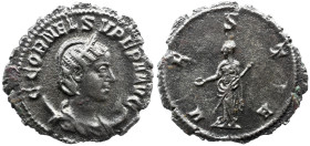 Roman Imperial Cornelia Supera. Augusta, AD 253. AR Antoninianus , 2,50 g. Rome mint. Struck under Aemilian. C CORNEL S VPERA AVG, draped bust right, ...