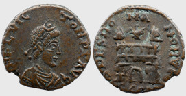 Roman Imperial FLAVIUS VICTOR. 387-388 AD. Æ , 1.07 g. Arelate mint. Diademed, draped and cuirassed bust right / SPES RO-MA-NORVM, camp-gate with star...