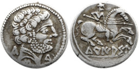 Celtiberian Coins Turiasu. Denarius. 120-20 BC. Ar 3,80 g. Tarazona (Zaragoza). (Abh-2417). (Acip-1722). Anv.: Bearded head right, iberian letter KA, ...