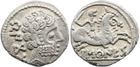 Celtiberian coins BASCUNES (Pamplona). Denarius. Ar 2.85 g. 120-20 BC (FAB-215). Anv. Bearded male head to the right, behind Iberian legend: BeNCoDa. ...