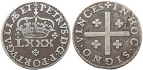 Portugal D. Pedro Regent (1667-1683) 4 Vinténs Anverso ponto no inicio e final de legenda A: . PETRVS . D . G . P . PORTVGALIAE . ET . R: IN . HOC . S...