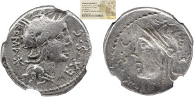NGC República Romana M. SERGIUS SILUS (116-115 a.C.). Denário. Roma. Incuse NGC CH- VF Obv: ROMA EX S C.