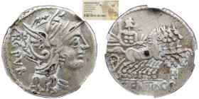 República Romana NGC L. SENTIUS. CF Denário (101 a.C.). Roma. NGC VF PLATED DENARIUS Obv: ARG PVB. Cabeça com capacete da Roma à direita. Rev: L SENTI...