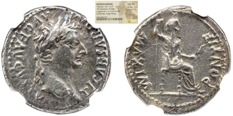 NGC Imperio Romano TIBÉRIO (14-37). Denário. Tipo Tributo Penny". Lugduno. NGC C...