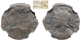 NGC Imperio Romano CONSTANTIUS I 'O GRANDE' (307/10-337). Série Comemorativa. Follis. Síscia. NGC CH-VF Obv: VRBS ROMA. Busto de Roma com capacete e m...