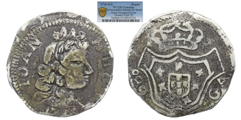 PCGS India Portuguesa D. João V - Rupia 1726 - PCGS VF Details Environmental Dam...