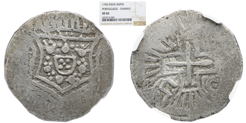 Portuguese India João V (1706-1750) AR Rupee 1750 Damão NGC XF45 11.93g. AG: 78....