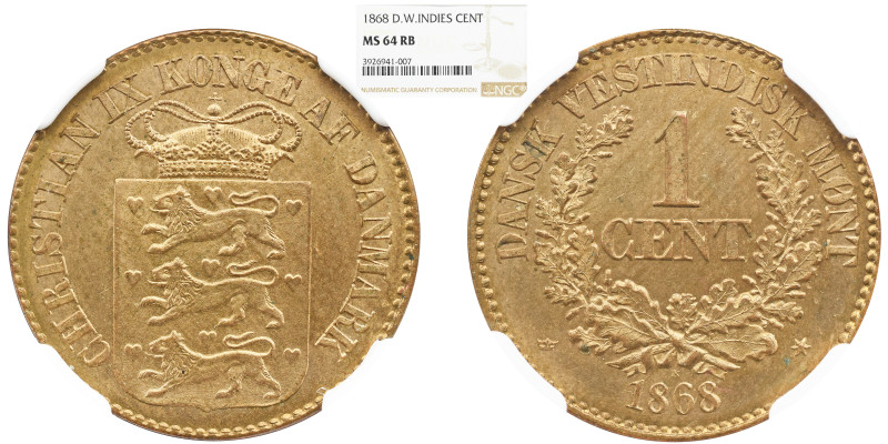 NGC DENMARK DANISH WEST INDIES. Christian IX. Bronze 1 cent, 1868. MS 64 RB