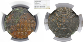 NGC FRANCE Royal. temp. Louis XIV le Roi Soleil (the Sun King). 1643–1715. CU V Sols 1708 NGC AU DETAILS ENVIRONMENTAL DAMAGE Siege of Lille. War of t...