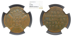 NGC FRANCE Royal. temp. Louis XIV le Roi Soleil (the Sun King). 1643–1715. CU V Sols 1708 NGC VF 30 BN Siege of Lille. War of the Spanish Succession i...