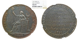 NGC FRANCE FRANCE. 2 Sols, 1791. Soho (Birmingham) Mint. NGC MS-62 BN. Maz-152; KM-Tn23.