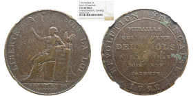 NGC FRANCE Bronze token 2 sols, l'An IV, 1792, NGC FINE DETAILS Environmental damage Liberty seated l., her l. arm resting on The Declaration of the R...