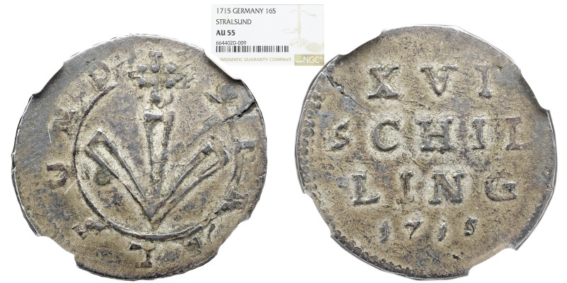 NGC GERMANY German States STRALSUND: Free City, AR 16 schilling, 1715, NGC AU 55...