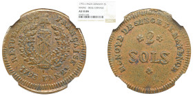 NGC GERMANY FRANCE German States. National Convention. Siege of Mayence (Mainz). 2 Sols, Year 2/1793. Mayence Mint. NGC AU 55 BN.