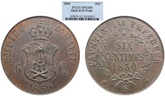 NGC Haiti Faustin I copper Pattern 6 Centimes 1850 PCGS SP 63 BN, KM-Pn46. Wreath/Shield type.