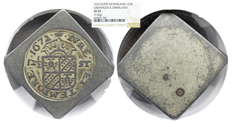 NGC NETHERLANDS HOLLANDA GRONINGEN 12,50 STUIVER 1672 - NGC VF 35 In the Franco-...
