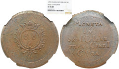 NGC Spanish Netherlands Low Countries. Doornik (Tournai), 1709. CU 8 Stuiver. NGC XF 45 BN. Coat-of-arms of the Marquis de Surville; 8 (mark of value)...