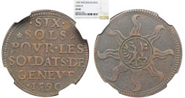 NGC SWITZERLAND Genève. CU 6 Sols 1590. NGC XF 40 Coat-of-arms on eight-rayed sun; ornaments between rays / Legend in six lines.
