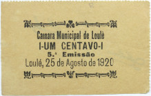 Emergency money Portugal Cédula Câmara Municipal de Loulé 1 Centavo 1920. Uniface. MBC