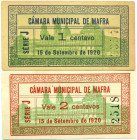 Emergency money Portugal Lote c/ 2 Cédulas Câmara Municipal de Mafra 1 & 2 Centavos 1920. Uniface. MBC a Bela