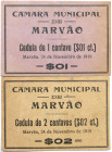 Emergency money Portugal Lote c/ 2 Cédulas Câmara Municipal de Marvão 1 & 2 Centavos 1919. Uniface. BC e MBC