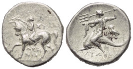 Kalabrien. Tarent.

 Didrachme oder Nomos (Silber). Ca. 272 - 240 v. Chr.
Vs: Nackter Jüngling zu Pferde mit erhobenem Arm nach links reitend; über...