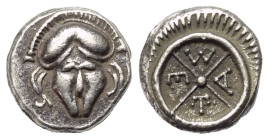 Thrakien. Mesembria.

 Diobol (Silber). Ca. 420 - 320 v. Chr.
Vs: Korinthischer Helm en face.
Rs: META in vierspeichigem Rad, das von einem Strich...