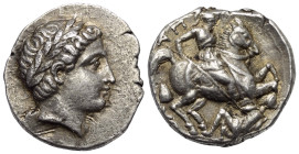 Königreich Paionien. Patraos (335 - 315 v. Chr.).

 Tetradrachme (Silber). Damastion.
Vs: Kopf des Apollon mit Lorbeerkranz rechts.
Rs: Behelmter ...