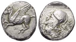 Epiros. Ambrakia.

 Stater (Silber). Ca. 426 - 404 v. Chr.
Vs: Pegasos nach links fliegend, darunter A.
Rs: Kopf der Athena mit korinthischem Helm...